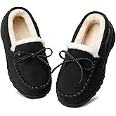 Bigwow Boys Moccasin Slippers Memory Foam Suede House Slippers Non-Slip Indoor Outdoor Winter Fuzzy Shoes for Toddler Kids