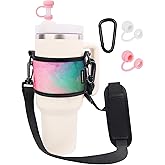 LUCKINEE Water Bottle Carrier Holder with Shoulder Strap Water Bottle Handle Strap Sling for Stanley 30&40oz Tumblers with 2pc Straw Covers Toppers for Stanley Cup Accessories (Colorful Print)