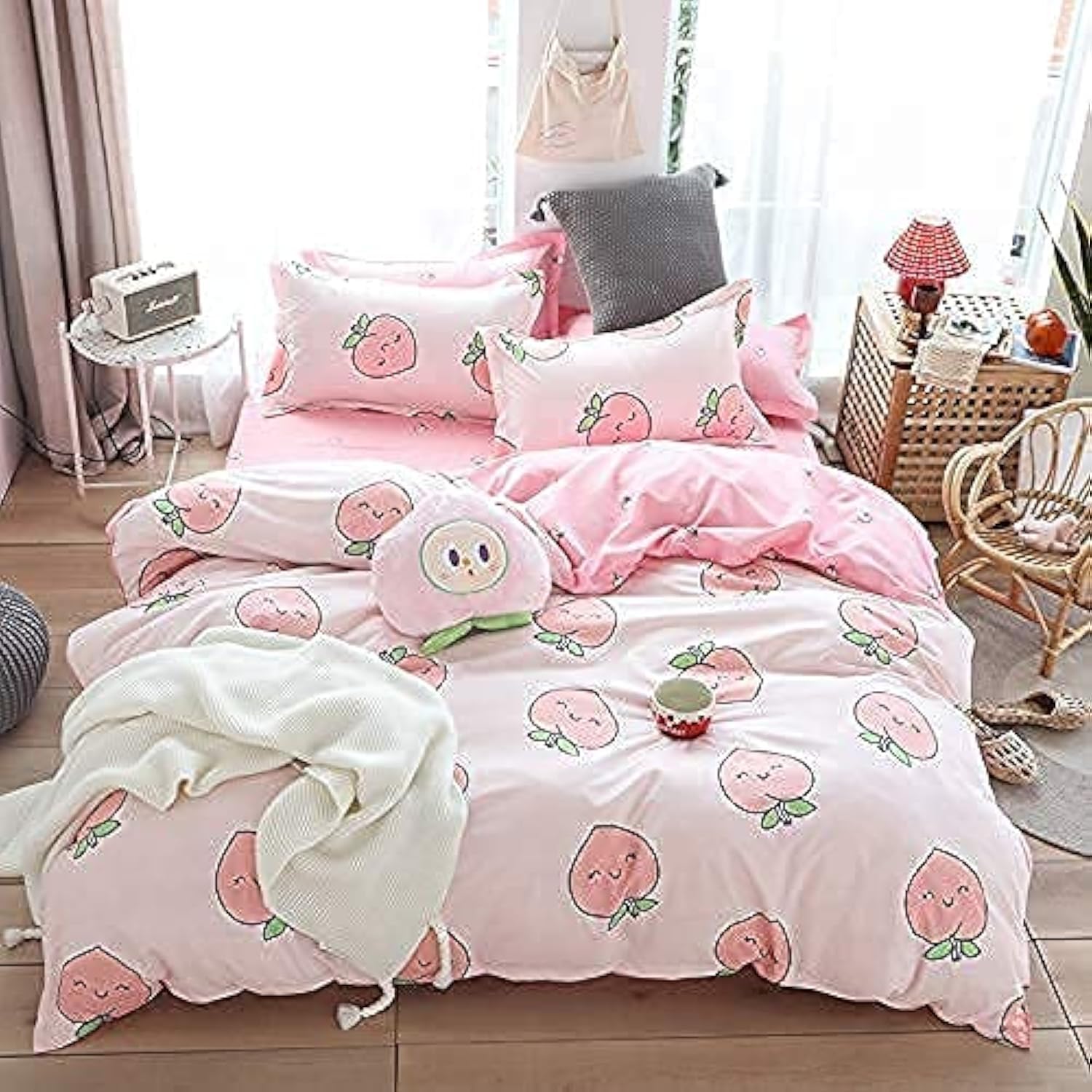 Homemissing Cartoon Duvet Cover Set Pink Peach Kid Kawaii Bedding Set Girl Lovely Peach Comforter Cover Cute Fruits Quilt Cover Tropical Plant Bedding Reversible Soft Bedding & Linen Single Size