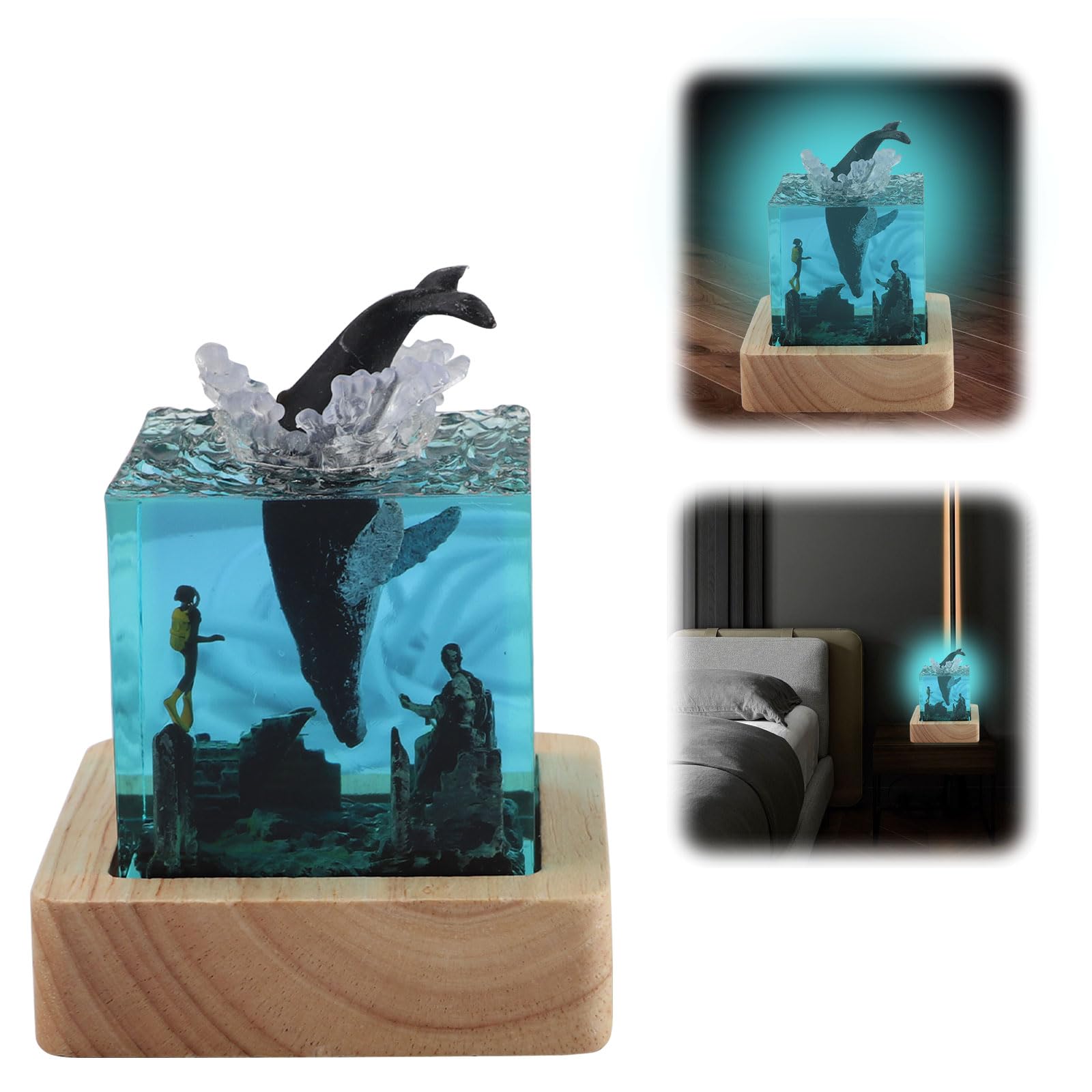 Tefola Ocean Resin Whale Night Light, 5cm Blue Cube Lamp with Diver Scene, LED Marine Theme Bedside Light on Wooden Base for Kids & Diving Lovers