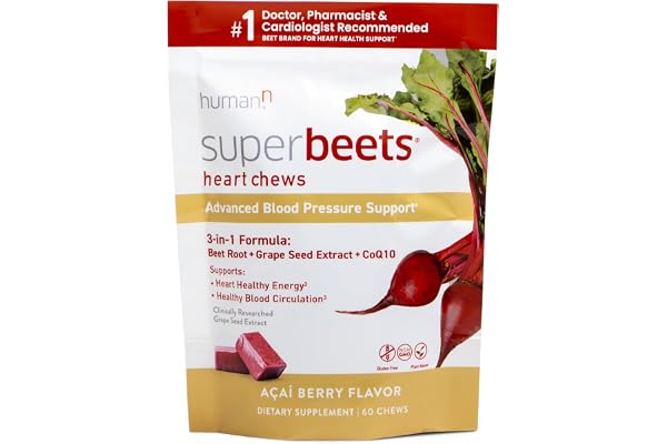 humanN SuperBeets Heart Chews Advanced - 3-in-1 Formula with Beetroot, Grape Seed Extract, & CoQ10, 60 Count