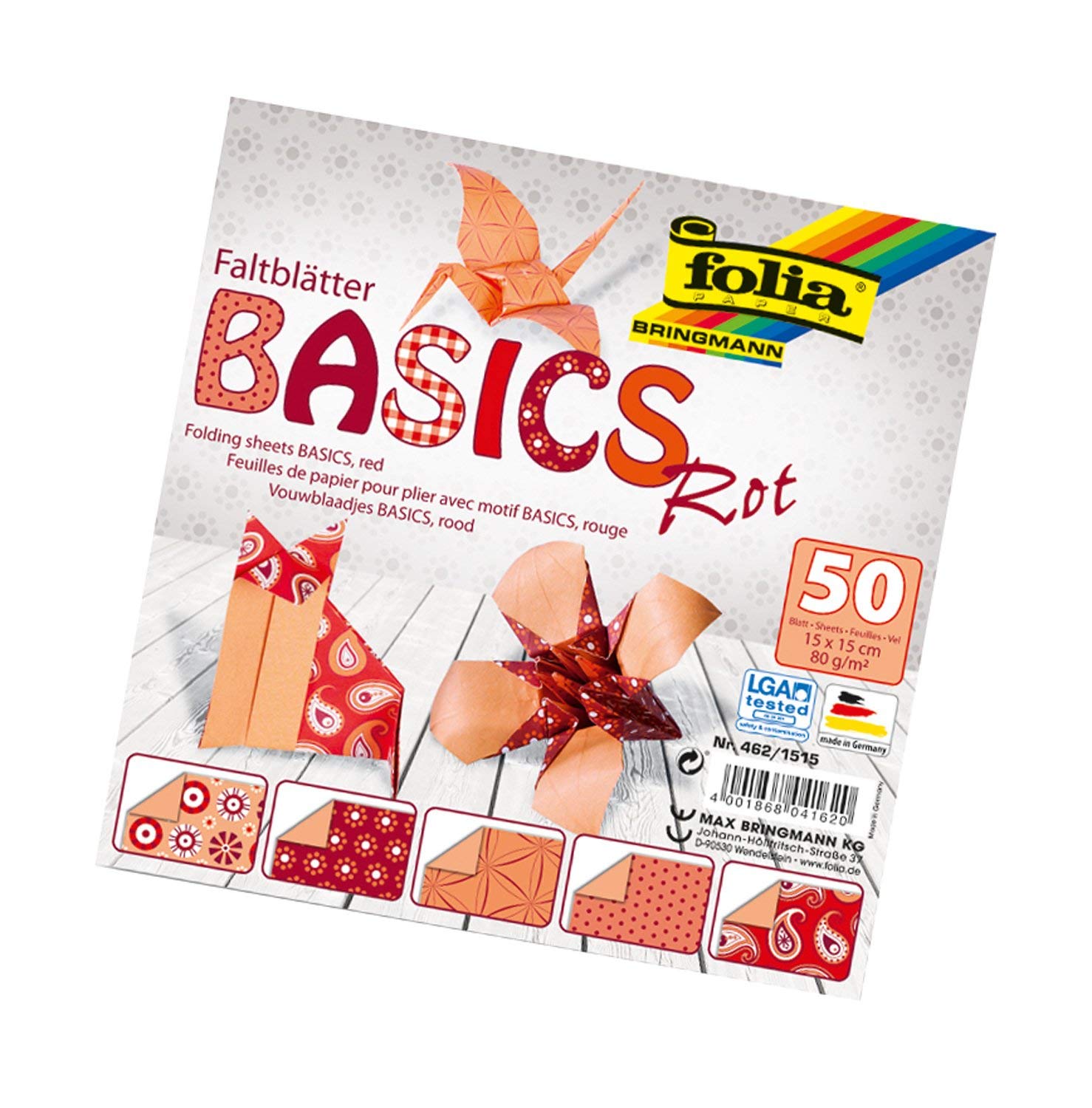 Bringmann Folia Basics folding sheets, 80 g/qm, 50 sheets assorted in 5 designs, red, 15 x 15 cm