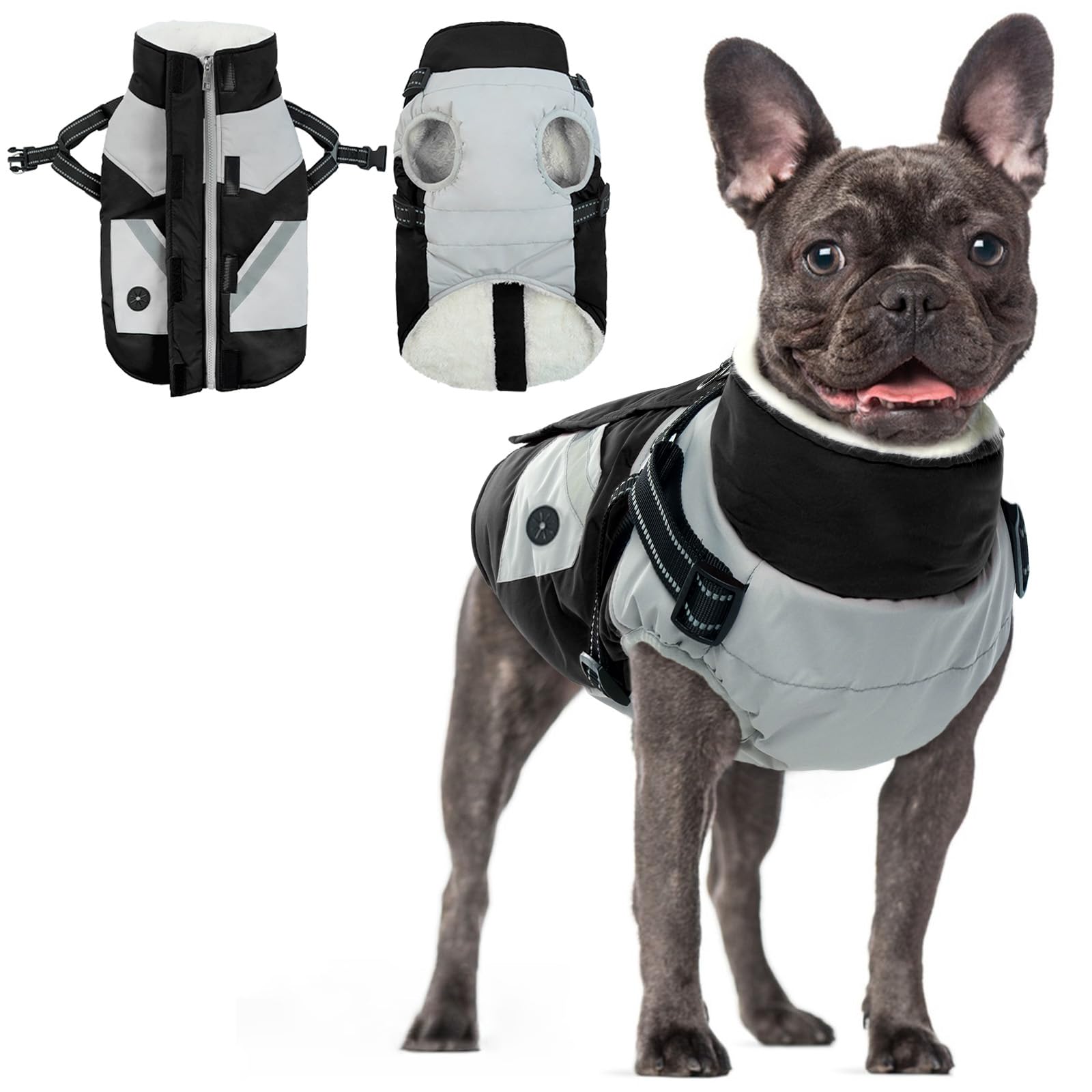 Small Dogs Coat With Harness, Waterproof Jacket Winter Reflective Jacket Warm Clothes for Small Dogs French Bulldog Coat(Black, XS)
