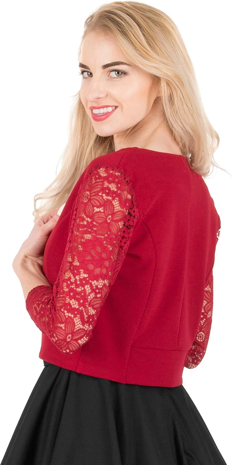 BlackButterfly Cropped 3//4 Lace Sleeve Open Bolero Evening Blouse