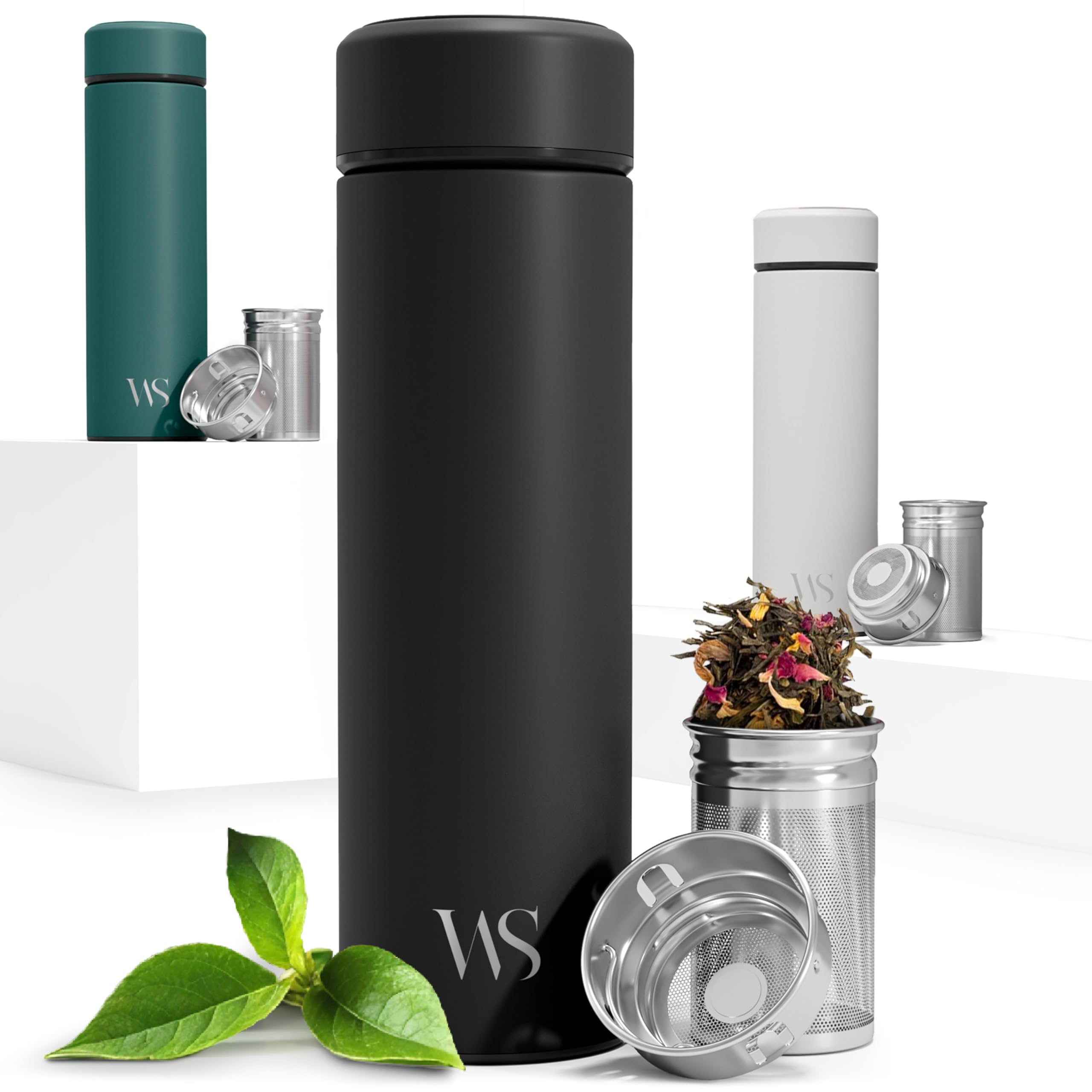 Tea & Fruit Infuser Water Bottle + Strainer + BPA-Free Fruit Insert | Vacuum Insulated 450ml Stainless Steel Flask | Portable Tea & Coffee Tumbler: Office, Outdoor, School, Sports, Bike - Black