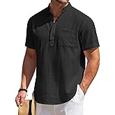 COOFANDY Men's Cotton Linen Henley Shirt Short Sleeve Hippie Casual Beach T-Shirts with Pocket