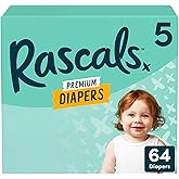 Rascals Premium Absorbent Baby Diapers with Deep Pocket and Triple Leak Guards for Blowout Protection (5-64ct)