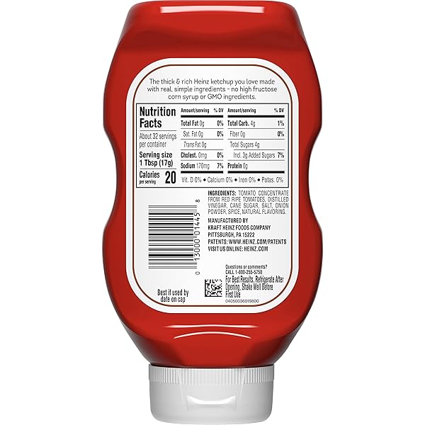 HEINZ SIMPLY TOMATO KETCHUP WITH NO ARTIFICIAL SWEETENERS, 19 OZ BOTTLE