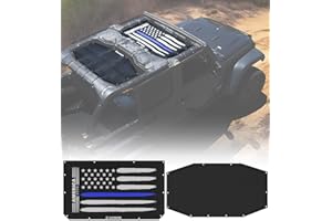 Xprite Thin Blue Line USA Flag Sunshade for 2018-2025 Jeep Wrangler JL 4XE, 4-Door Front & Rear Sun Shade Mesh Top, 2PCS UV/Wind/Noise Blocker, Bikini Top Cover for Off-Road Jeep Accessories