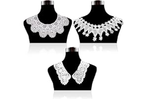 MAMUNU 3 Pieces White Lace Collar, Hollow Out Flower Lace Fabric Collar, Embroidered Applique Neckline for Women Girls Sewing Supplies Crafts DIY Accessory