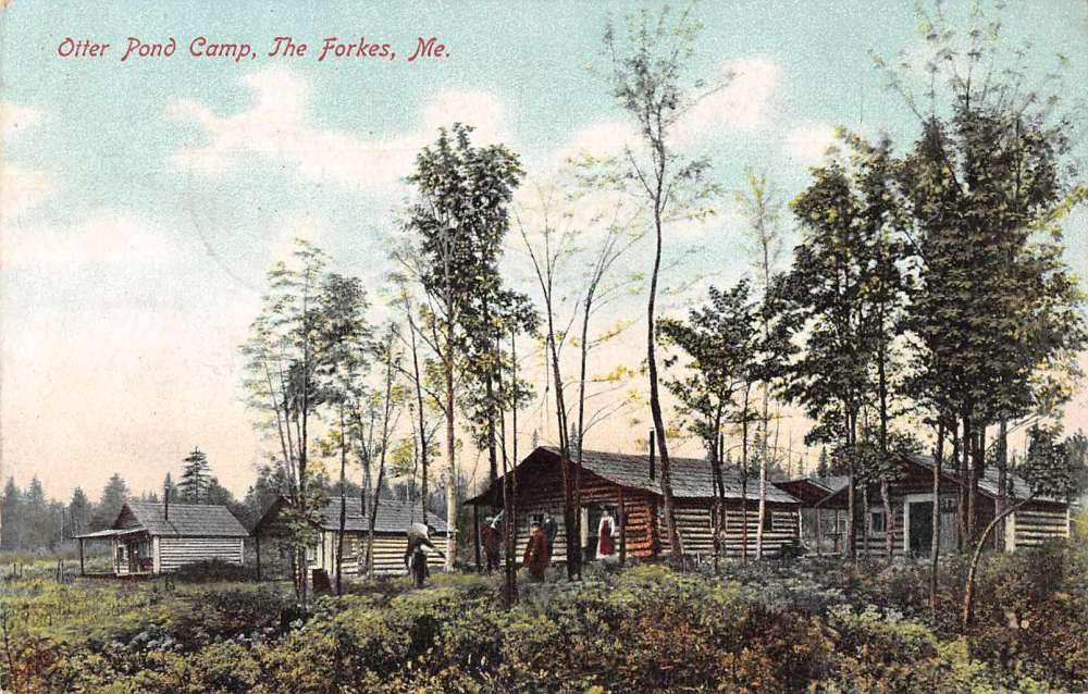 The Forkes Maine Otter Pond Camp Log Cabins Vintage Postcard