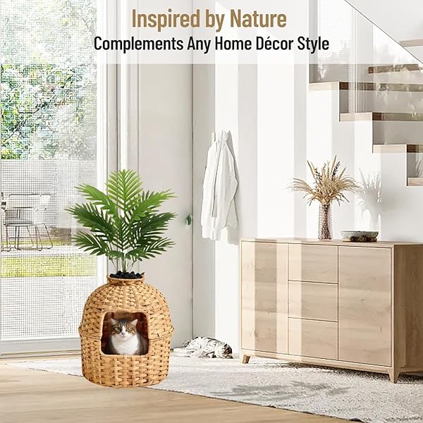CAT LITTER BOX PLANT FURNITURE ENCLOSURE WITH ARTIFICIAL PLANT, DECORATIVE HANDWOVEN RATTAN ROUND PLANTER, CARBON FILTER FOR ODOR CONTROL, EASY-TO-CLEAN,IN LIVING ROOM, BEDROOM, CORNER, NATURAL
