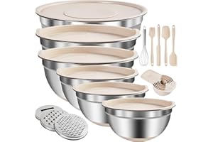 ENVTEK Mixing Bowls with Airtight Lids Set, 20 PCS Kitchen Gadgets Set, 6 Stainless Steel Bowls, 3 Grater Attachments, Non-Slip Silicone Bottoms, Great for Serving&Baking, Size 5, 4, 3.5, 2.1, 1.5, 1.1QT