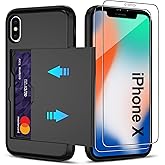 for iPhone X/iPhone Xs Case with Card Holder【2 Pcs HD Screen Protector】 Slim Heavy Duty Dual Layer Shockproof Design【Hidden Card Slot 】 Wallet Case for iPhone X/XS Phone Case-Black