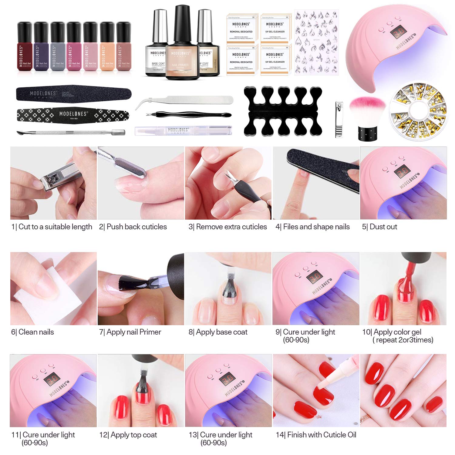 Gel Nail Polish Kit with U V Light 48W LED Nail Lamp Modelones 7 Colors Shellac Gel Nail Polish Set, Base Top Coat, Nail Primer, Nail Art decorations, Home DIY Starter Kit Gel Manicure Kit with Light : Beauty