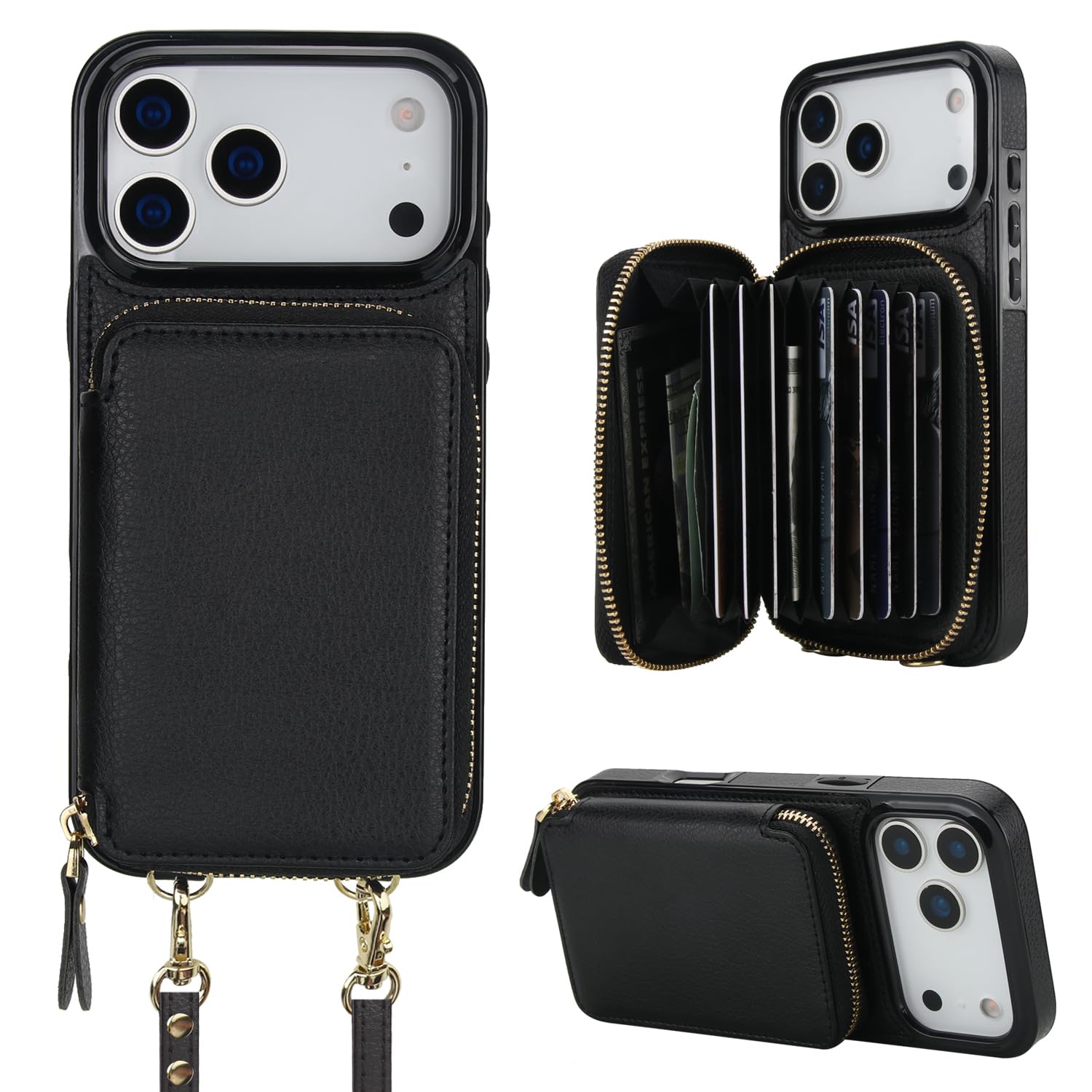 Photo 1 of Bocasal Crossbody Wallet Case for iPhone 17 Pro Max, RFID Blocking Leather Purse Case with Card Holder, Protective Handbag Flip Cover with Zipper Wrist Strap Lanyard for Women 5G 6.9 Inch (Black)
