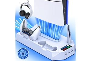 JAVRUNWOF PS5/Slim/Pro Cooling Station with Controller Charging Station for Playstation 5 Slim/Pro Console, PS5 Cooling Stand Cooler Accessories Incl Cooling Fan, 3 USB Hubs, Headset Holder, Screw - White