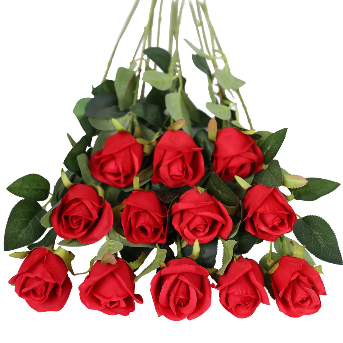 Tifuly Artificial Flowers,12 Pcs Single Long Stem Fake Rose Silk Flowers Faux Rose Bridal Bouquet Realistic Flower for Wedding Party Home Table Decoration Centerpieces(Bud Roses,Red) — image 1