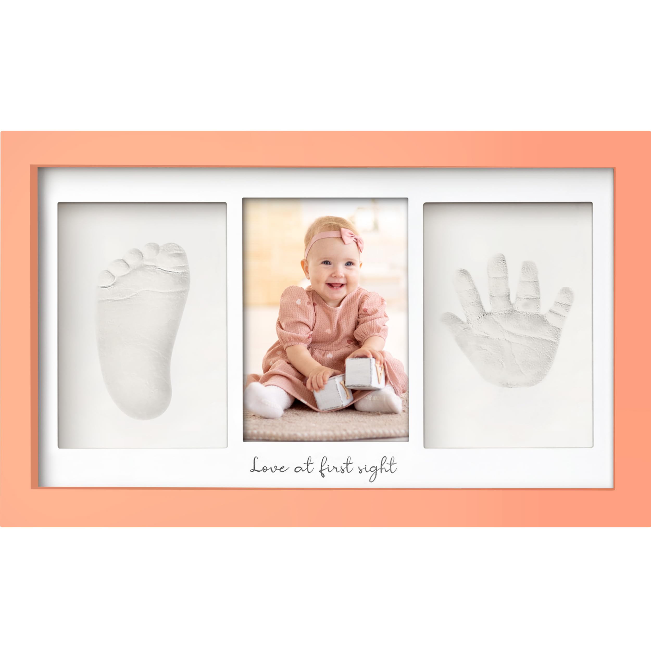 Photo 1 of Baby Hand and Footprint Kit - Clay Handprint Keepsake Frame, Newborn Nursery Picture Frame, Personalized New Mom Gifts for Baby Shower & Registry (Salmon)