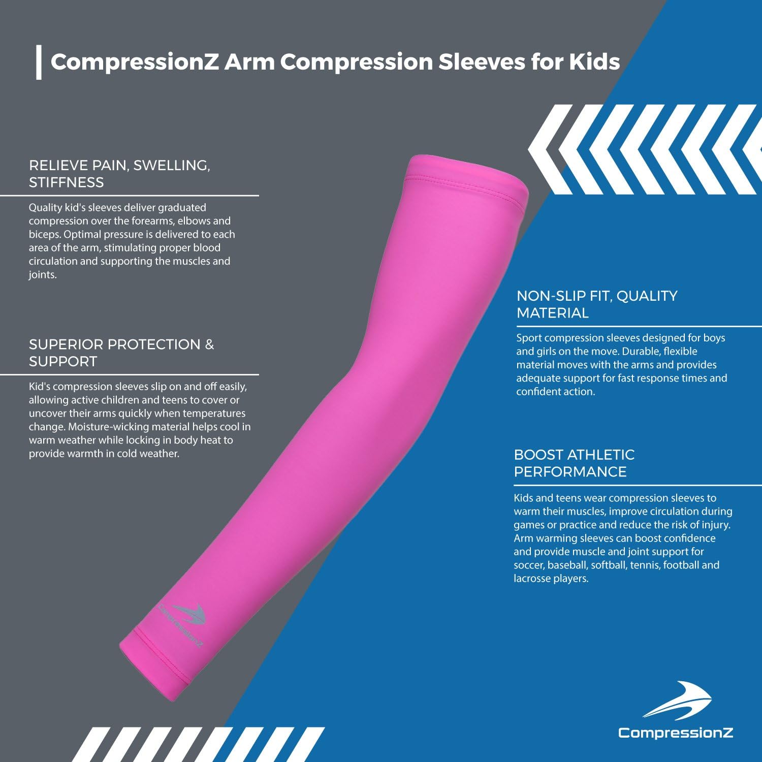 CompressionZ Youth Compression Arm Sleeves - Sports Sleeve For Kids Boys Girls : Clothing