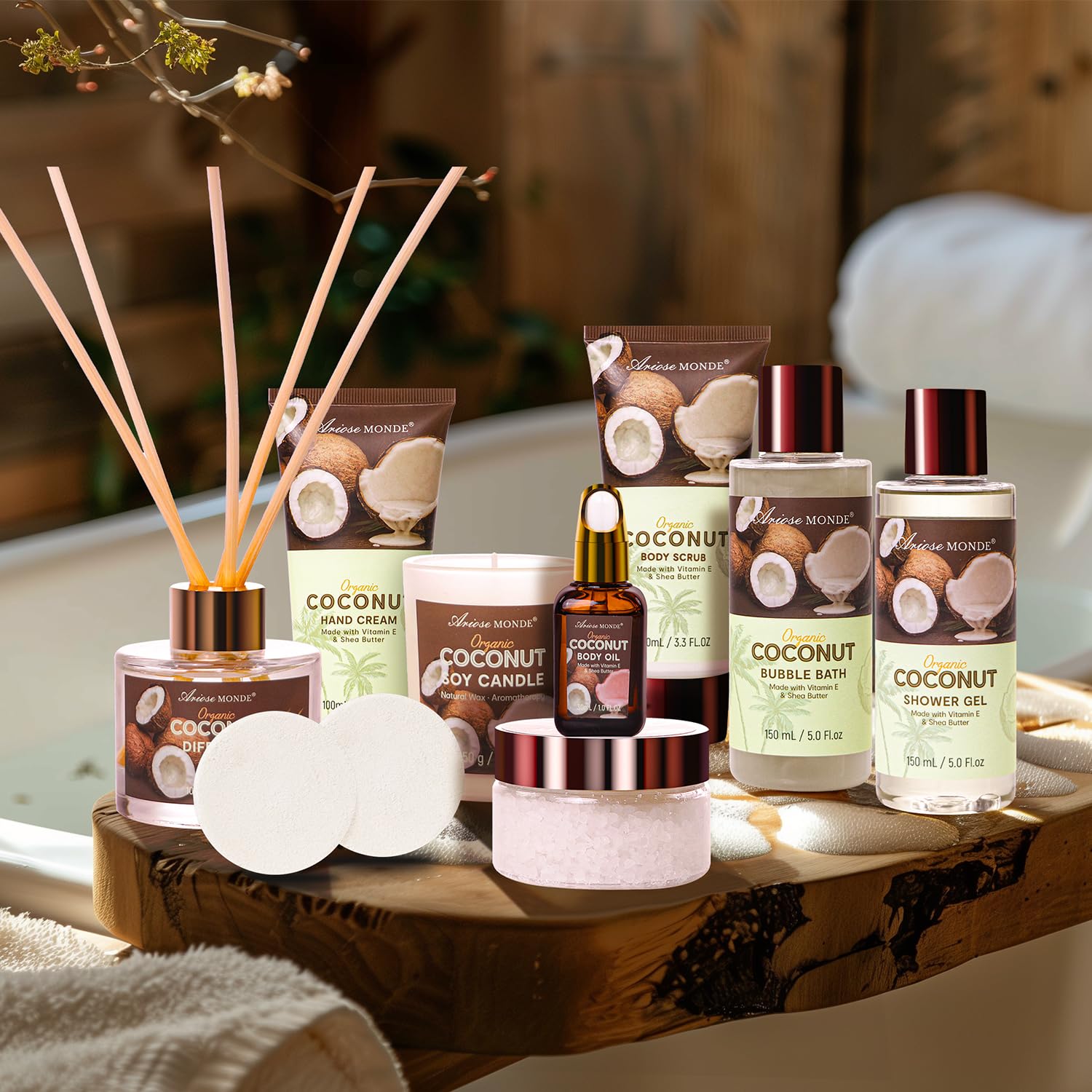 Spa Gift Baskets for Women, Coconut Bath Gift Set for Women Include Bubble Bath, Shower Steamers, Bath Salt. Bath and Body Spa Kit, Mom Birthday Gifts from Daughter, Birthday Gift Basket for Mom