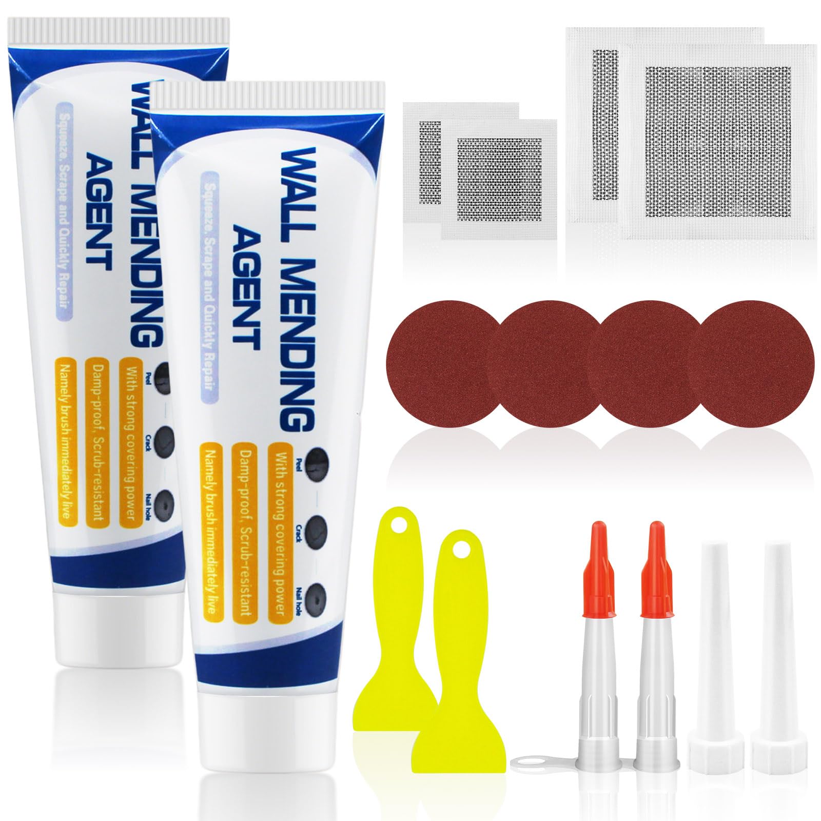 Amentalove Wall Filler Repair Kit, 2Pcs Wall Repair Cream 150g, Spackle Polyfiller Kit with 2" and 4'' Drywall Patch, Sandpaper, Scraper, Paste, for Repairing Holes Peeling Graffiti Cracks