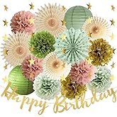 Olive Sage Green and Dusty Pink Birthday Decorations Pink Green Gold Birthday Decorations with Happy Birthday Banner Garland Sage Green Gold Paper Pom Poms for Girls Women Birthday Party Decor