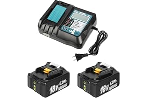 YONGERTOOL 2 Pack 18V 5000mAh Lithium-ion Replacement Battery for Makita and 14.4V-18V Replacement Charger for Makita BL1830 BL1850 BL1840