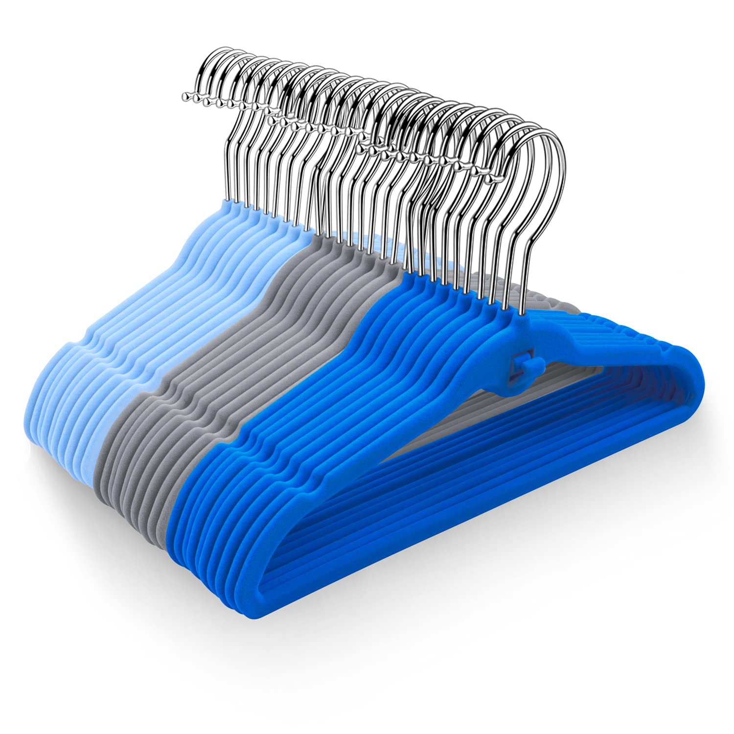HozyFrozy Multi-Color Premium Kids Velvet Hangers with Mini Hooks, Pack of 30, Non-Slip Space Saving Cascading Clothes Hangers, Navy Blue, Light Blue and Grey, 10 Units Each