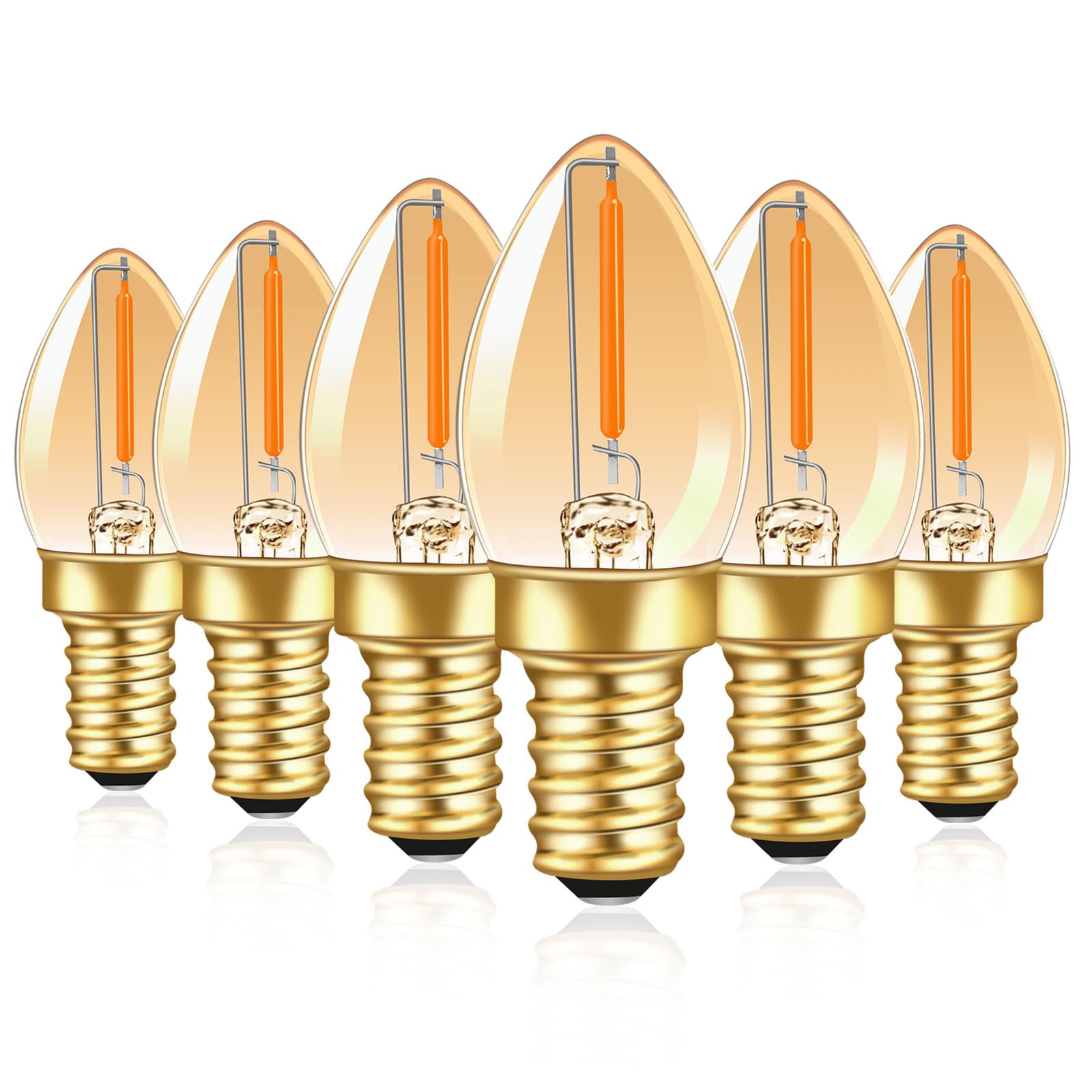 Caldarax 6 Pack 0.5W E12 LED Night Light Bulbs, Amber Ultra Warm White 2200K 50LM Mini C7 Vintage Filament Candle Bulbs E12 Base for Salt Lamp, 5W Equivalent, Non-Dimmable