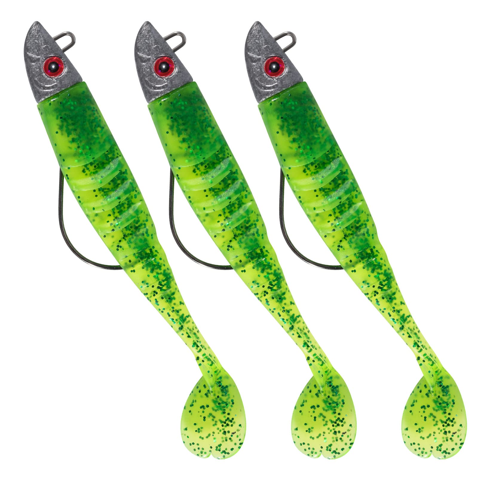 Dr.Fish 3pcs Soft Fishing Lures Jig Head with Paddle Tail Soft Plastic Lures 13CM 26g Accessories for Bass Pike Trout Perch,Color: Grass green
