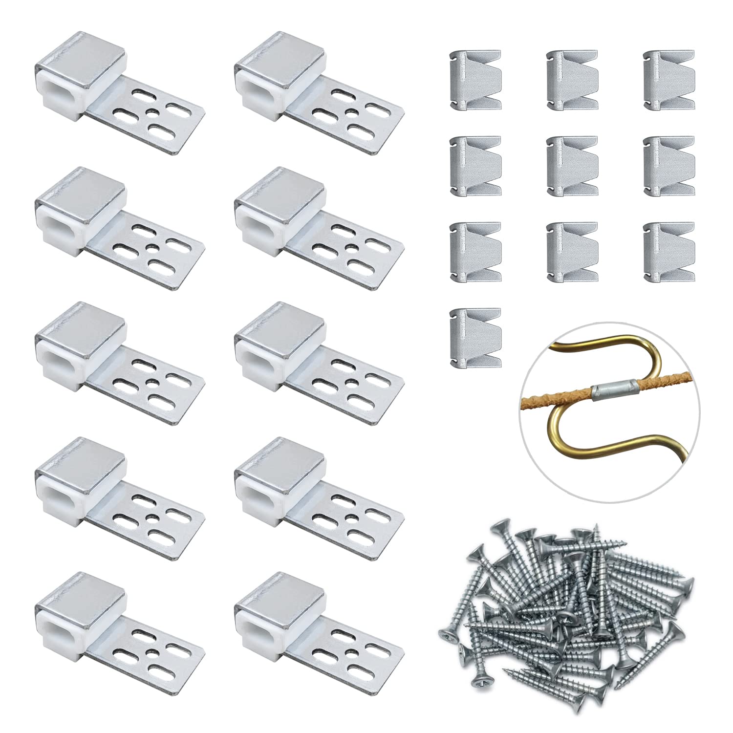 JINTANG 10 x Silver Sofa Spring Clips, Furniture Kit Repair Clips Can Repair Furniture Quickly (10 x Cage Clips, 10 x Sofa Spring Clips, 42 x Self-Tapping Screws)