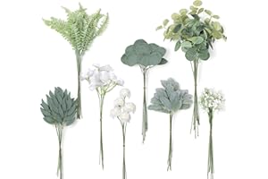 YXZZWL Artificial Greenery Stems Box Set，65 Pcs with 8 Kinds of Faux Greenery Branches Fake Eucalyptus for Wedding DIY Bouquets Floral Arrangement Table Centerpieces (Dusty Green & White)