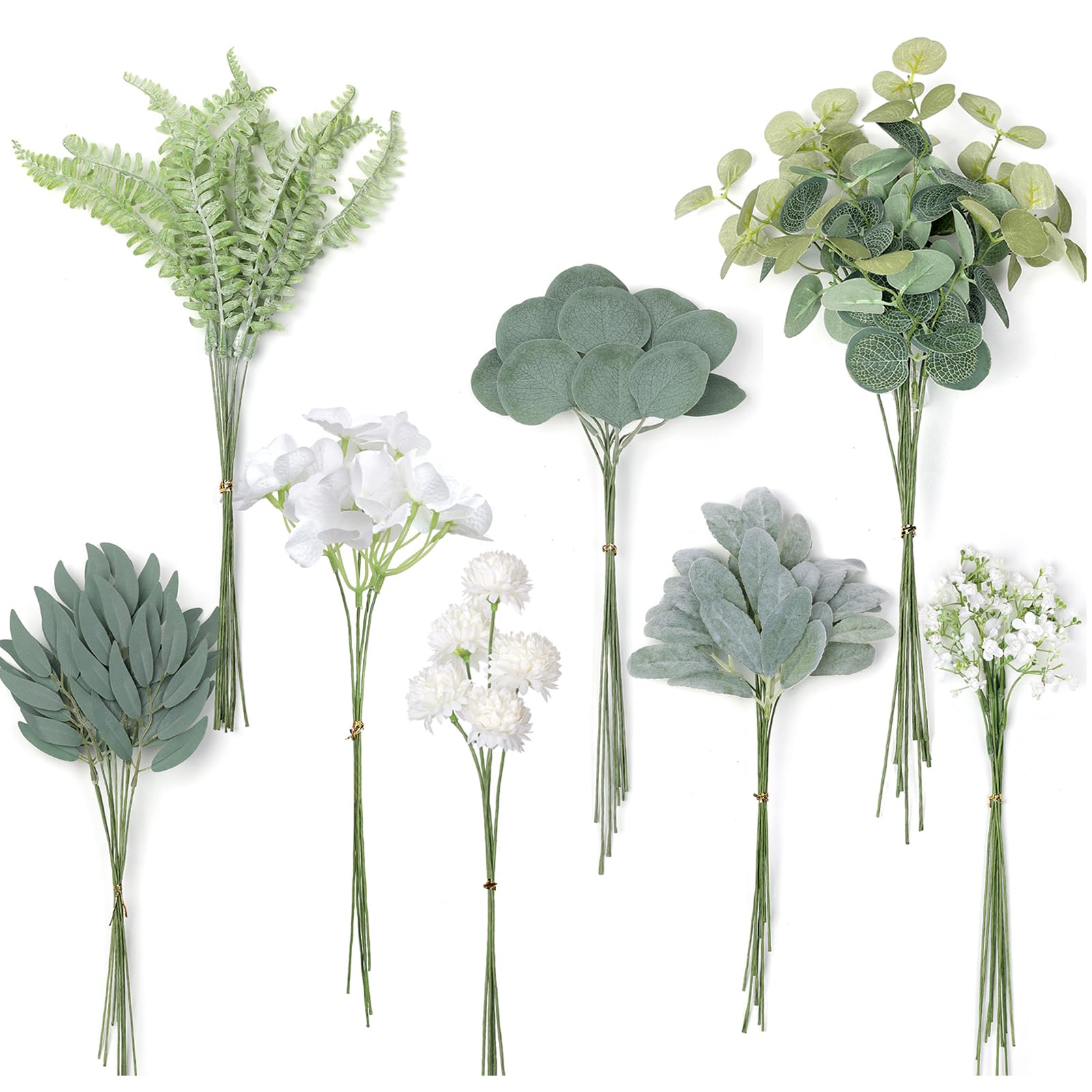 Photo 1 of YXZZWL Artificial Greenery Stems Box Set?65 Pcs with 8 Kinds of Faux Greenery Branches Fake Eucalyptus for Wedding DIY Bouquets Floral Arrangement Table Centerpieces (Dusty Green & White)