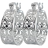0.80" Inch Vintage Filigree Hoop Earrings, Openwork Chunky Mesh Filigree Heart Lace Design, Lightweight & Hypoallergenic, 925 Sterling Silver