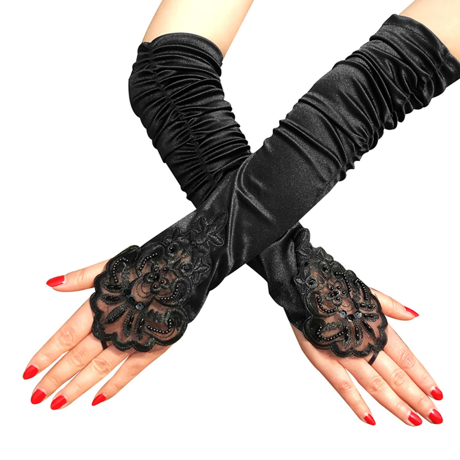 MEMOFYND Lace Floral Opera Gloves, Satin Long Elbow Length, Gothic Style, Retro Fingerless, Suitable for Stage Performance, Role Play (Black)