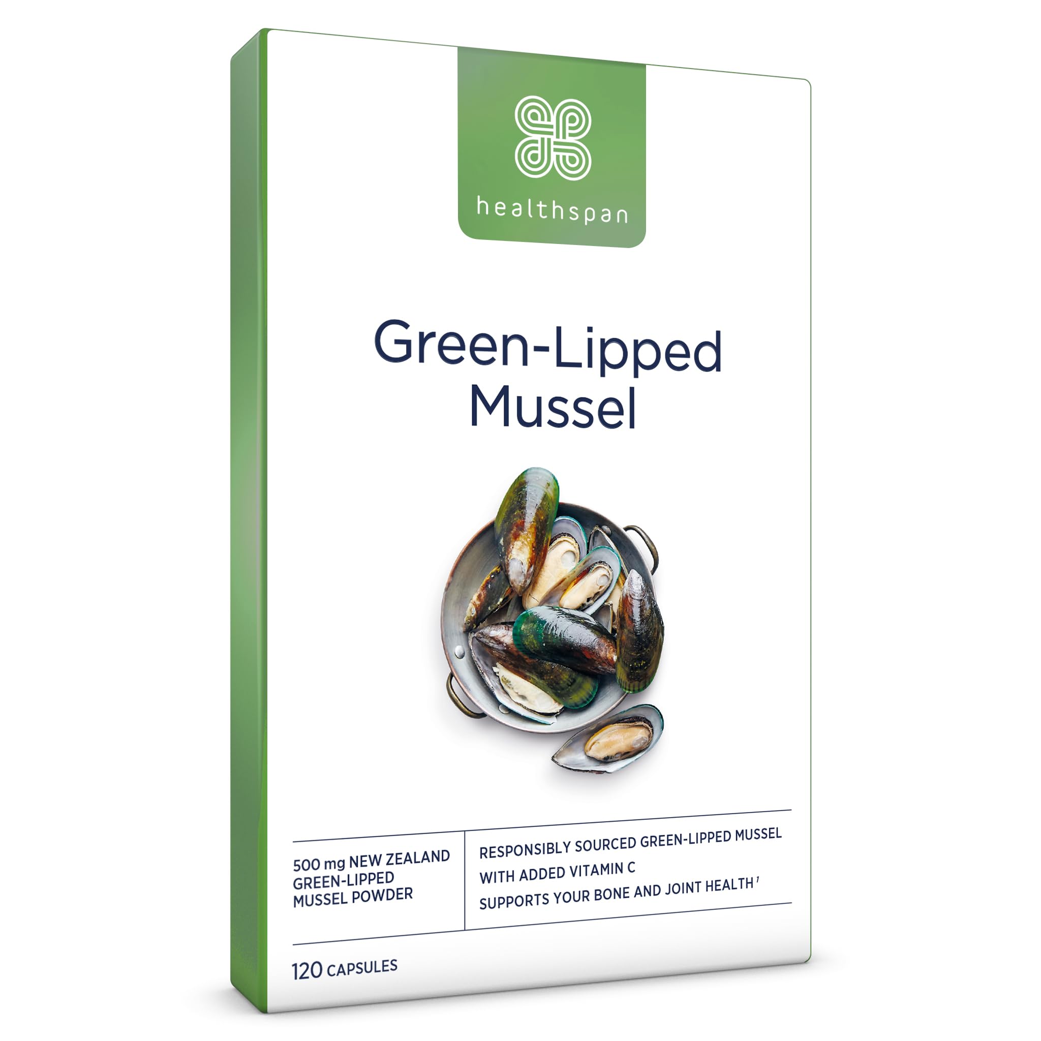 Healthspan Green Lipped Mussel (120 Capsules) | for Bone & Cartilage Support | Added Vitamin C | 500mg Responsibly Sourced New Zealand Green Lipped Mussel Powder
