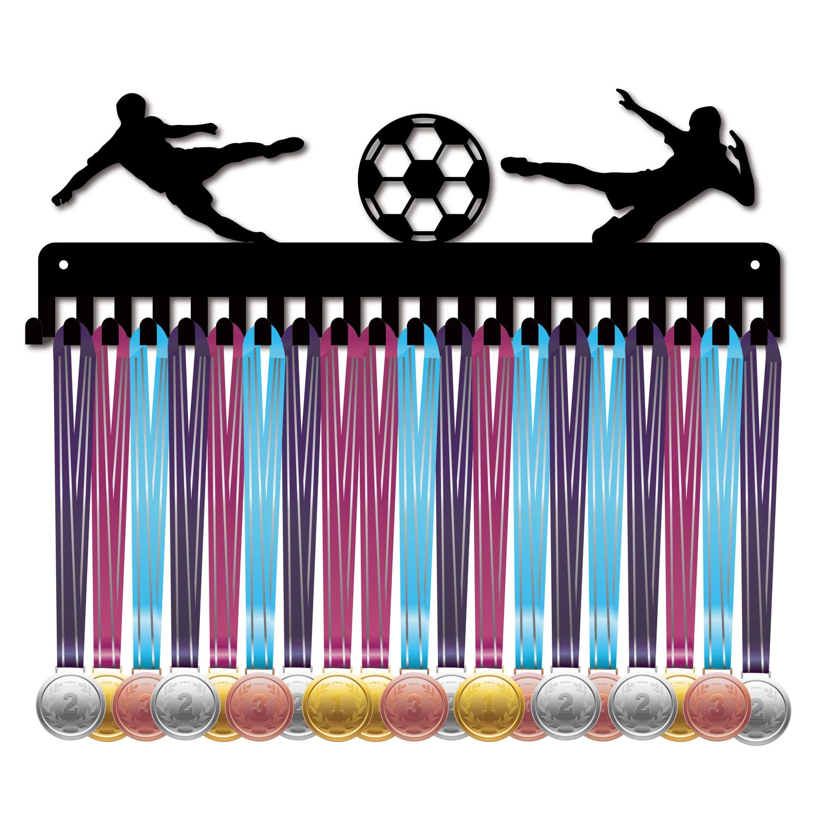 CREATCABIN Soccer Medal Holder Display Hanger Rack Sports Metal Wall Mount with 20 Hooks Hang Over 60 Medals Runners Home Badge Running Marathon Gymnastics Black 15.7 x 5.3inch