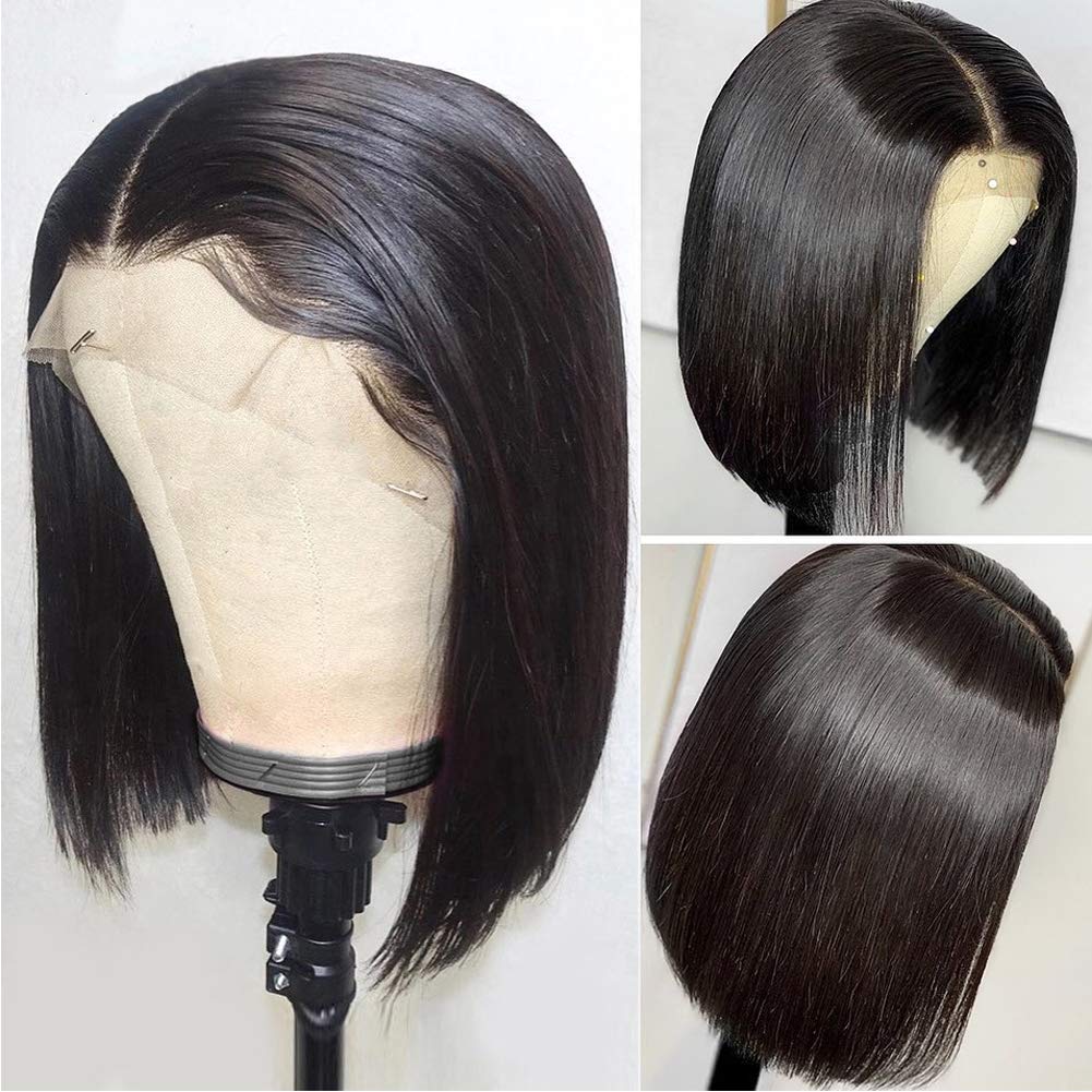Short Lace Front Wigs Human Hair Brazilian Straight Bob Wigs for Black Women 13x4 Short Bob Wigs 150% Density Pre Plucked Hair Line with Baby Hair 10 inches Natural Color