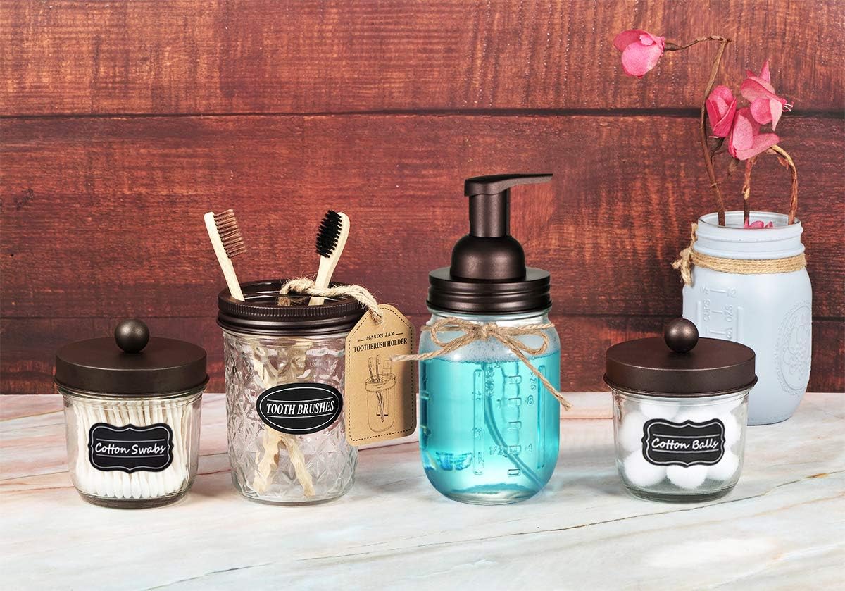 Mason Jar Bathroom Accessories Set(4 Pack) - Foaming Soap Dispenser&Qtip Holder Set&Toothbrush Holder-Rustic Farmhouse Decor Bathroom Organizer Apothecary Jar Country Countertop (Bronze): Home & Kitchen