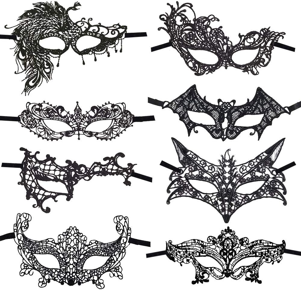 CODIRATO Masquerade Masks for Women,8 Pcs Elegant Lace Venetian Half Face Mask Set for Halloween Masquerade Balls