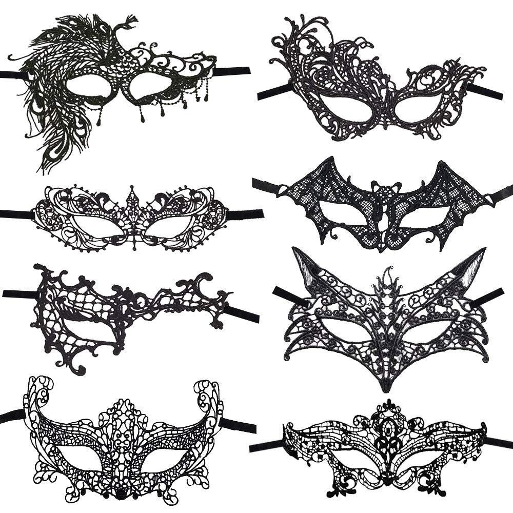 CODIRATO Masquerade Masks for Women，8 Pcs Elegant Lace Venetian Half Face Mask Set for Halloween, Masquerade Balls, Costume Parties, for Ladies, Couples
