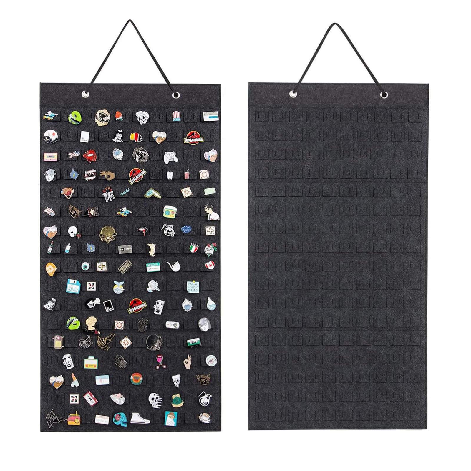 RJFUJP Pin Badge Display Canvas with Hook, 96 Slots Enamel Pin Display Board, Deep Grey Pin Badge Holder for Collecting and Showcasing Pins, Ideal for Home Decoration