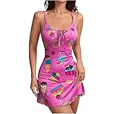 OYOANGLE Women's Cute Cartoon Print Nightgowns Tie Front Slip Dress Spaghetti Strap Babydoll Chemise