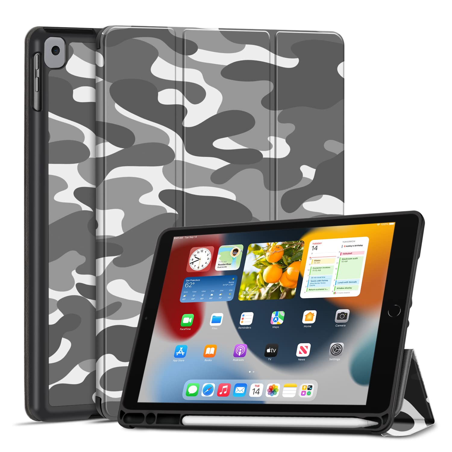 TNP Case for iPad 9th Gen 2021/iPad 8th 2020/iPad 7th 2019 Generation Protective Cover with Pencil Holder - 10.2 inch Slim Soft TPU Trifold Stand PU Leather Folio Auto Sleep Wake - Camouflage Gray โ image 1