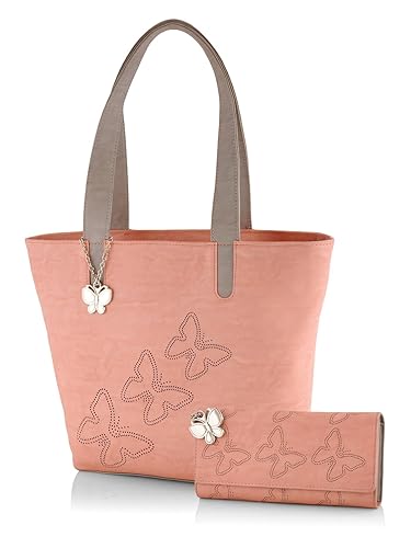 Butterflies Womens Handbag (Peach and Grey) (BNS WB0170)