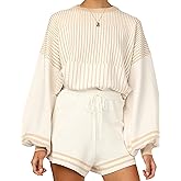 Gihuo Women' s Striped 2 Piece Outfits Crewneck Knit Pullover Sweater Shorts Set Wide Leg Matching Set Loungewear