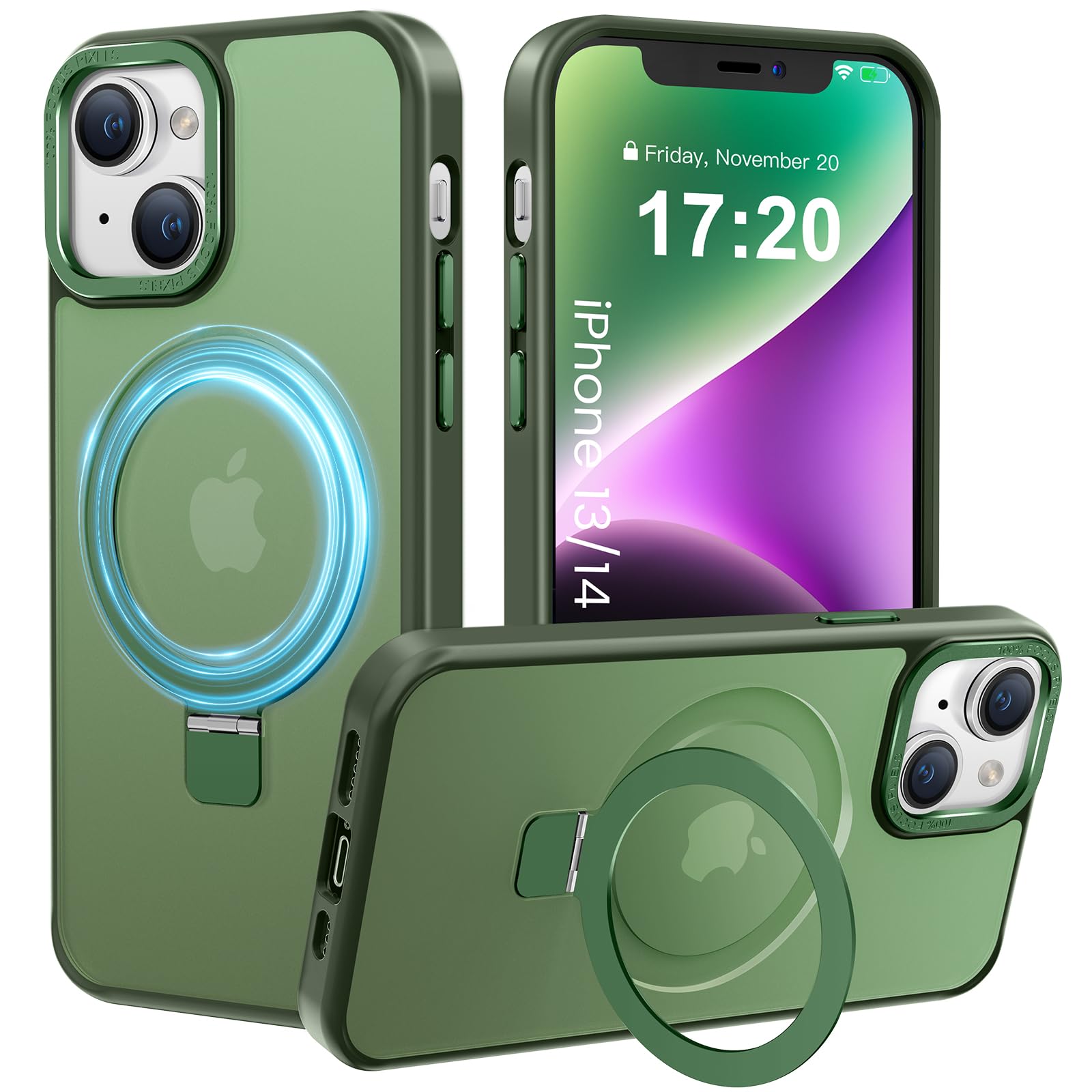 PuyaTeya Magnetic Stand for iPhone 13/14 Case, Compatible with Mag-Safe, Military Drop Protection, Anti-scratch/fingerprint Translucent Matte iPhone 13/14 Phone Case(Green) — image 1