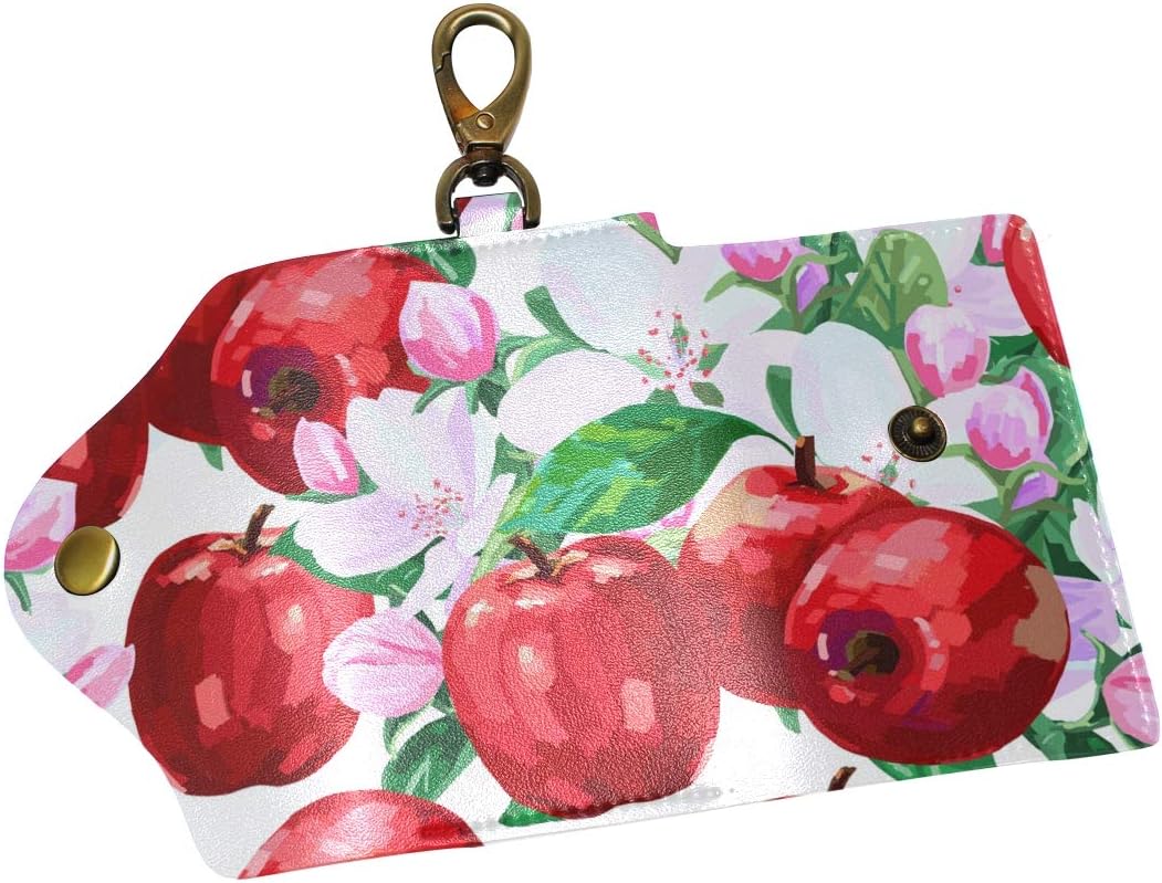 COOSUN Red Apple and Flowers Leather Key Case Wallets Tri-fold Key Holder Keychains with 6 Hooks 2 Slot Snap Closure for Men Women
