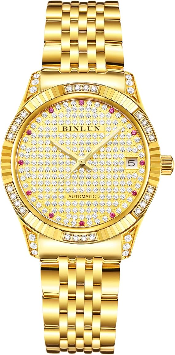 Amazon Binlun 腕時計 女性 レデイース 機械式 自動巻き 手巻き付 18kゴールドメッキ 防水 傷付き難い サファイアガラス ダイヤ 日付表示 煌めく 金色 ビジネス プレゼント 贈り物 バレンタインデーのギフト 家族友達 ゴールド 腕時計 腕時計 通販